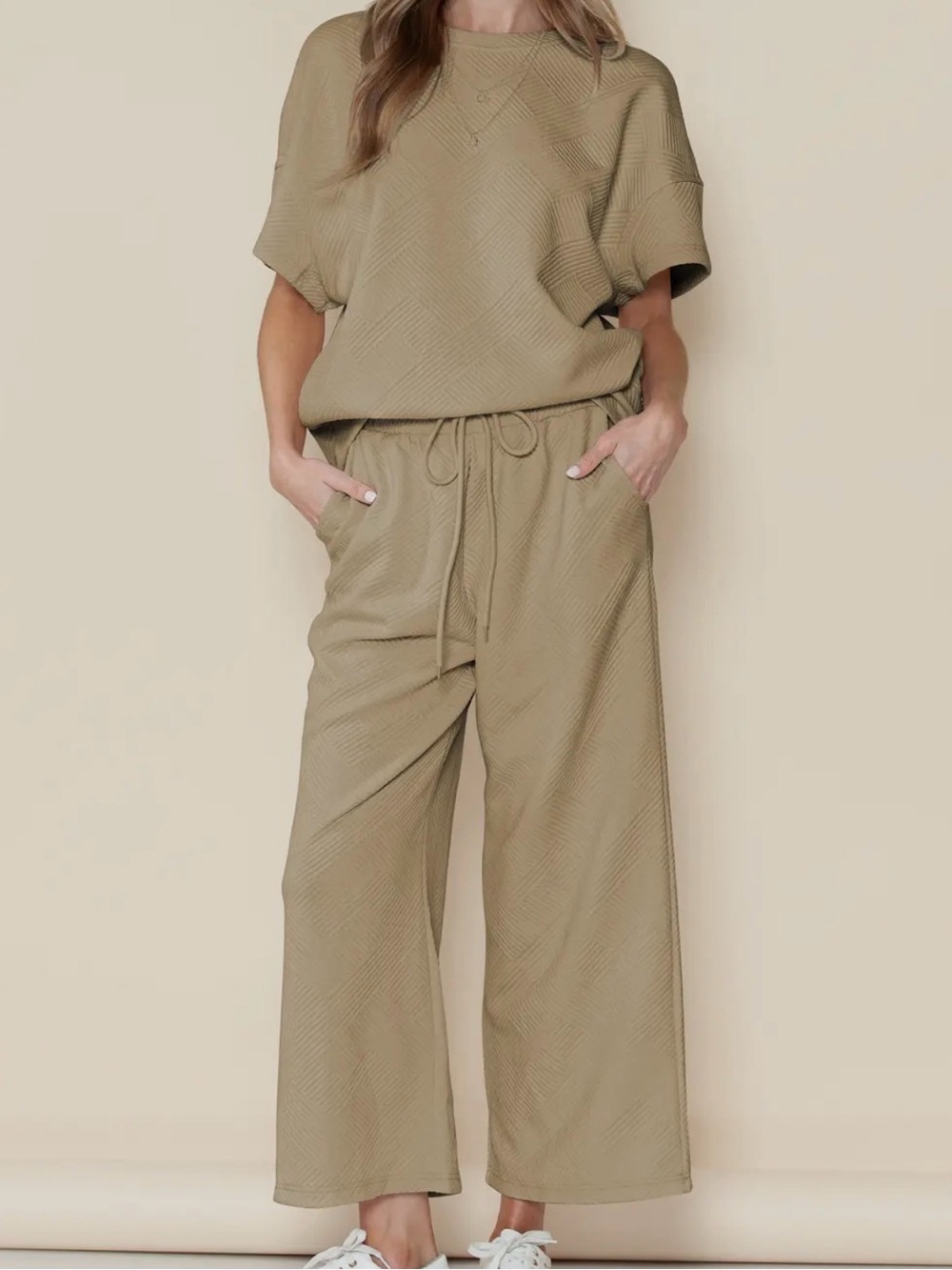 Taupe Brown Textured 2 Piece Lounge Set Wide Leg Pants Women’s Medium